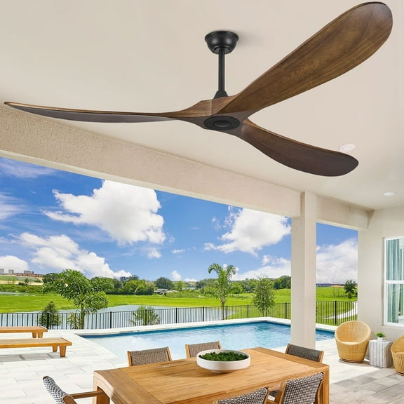72 Inch Solid Wood Walnut Coastal Farmhouse Indoor Outdoor Patio Propeller Ceiling Fan with Remote DC Motor
