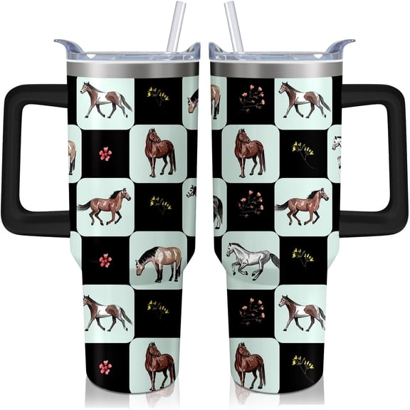 40oz Horse Tumbler with Handle and Straw, Buffalo Plaid Stainless Steel Insulated Cup with Lid, Travel Coffee Mug Water Bottle, Birthday Mothers Day Gifts for Women Men Animal Lovers