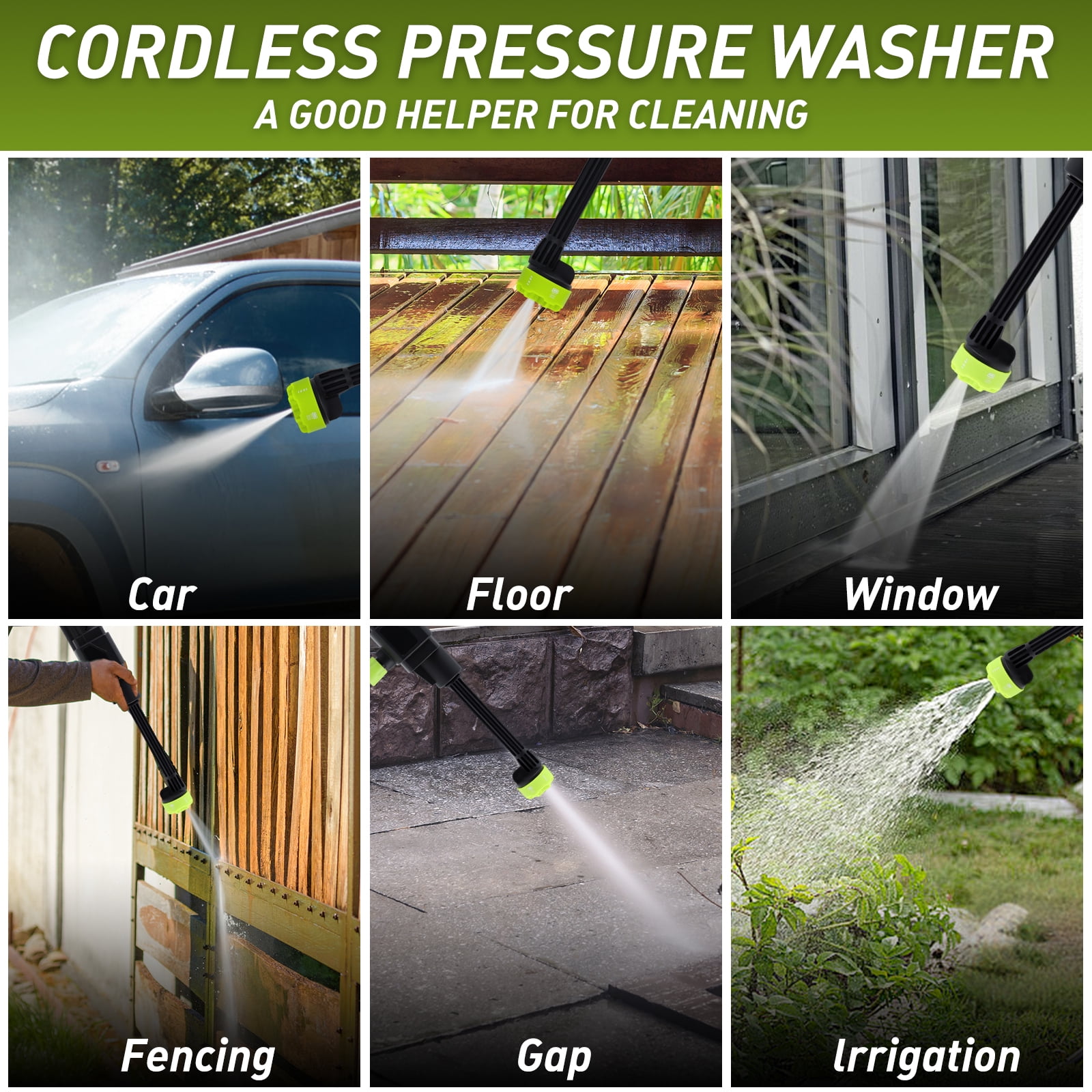 Cordless Pressure Washer,1200PSI Battery Powered with Foam Cannon, 6-in-1 Nozzle, Portable Power Washer for Car, Patio, Home & Garden Cleaning