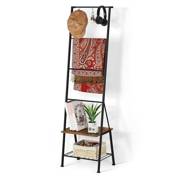 Blanket Ladder, 6-Tier Freestanding Rack Blanket Towel Holder with Hooks Decorative Display Ladder Shelf for Storage and Home Decor Living Room Bedroom Bathroom