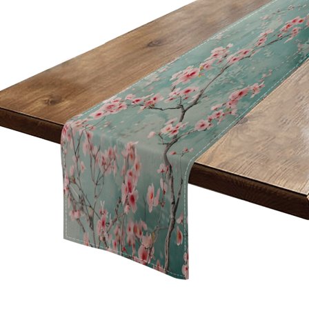 BaHomeck Table Runner 13*72 In,Set Of 1 Delicate Pink Cherry Blossoms Adorn Aqua-Colored Wall High Density Cotton Linens Machine Washable Table Runner For Kitchen Dining Table Coffee Table Decor