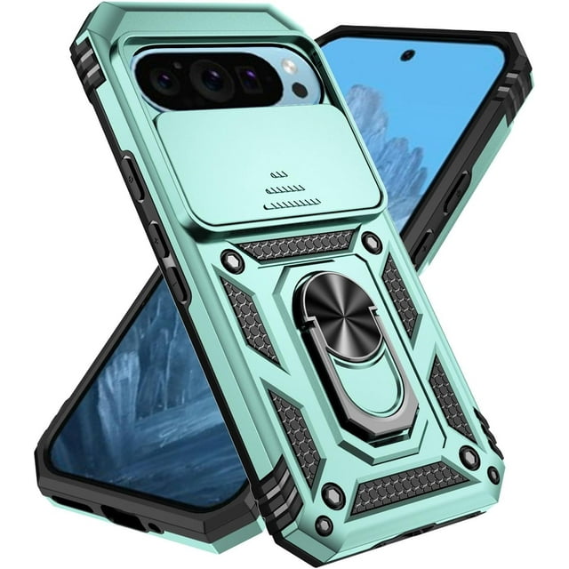 KOMI Designed for Google Pixel 9, Military-Grade Drop-Proof Case with Sliding Camera Cover and Ring Kickstand, Heavy Duty Shockproof Full Body Protective Phone Case, Dark Green