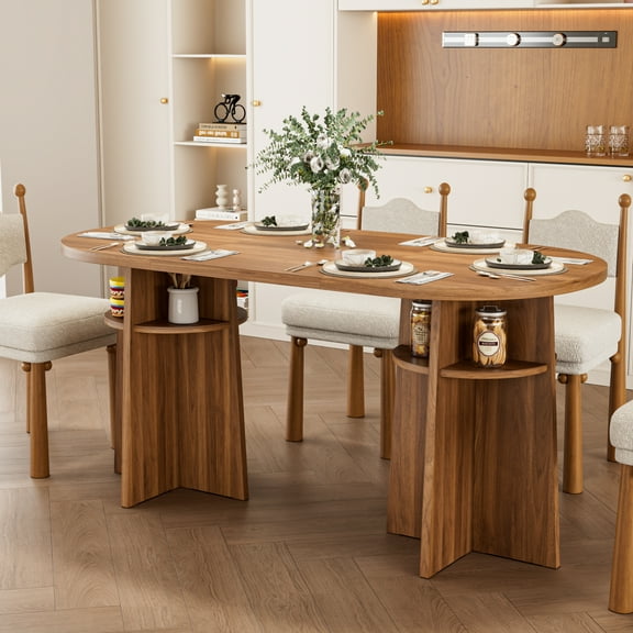 Oval Dining Table for 6, Modern Dining Room Table with Storage, Farmhouse Kitchen Table for Living Room