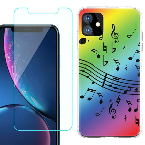 For Apple iPhone 11 Case , Slim-Fit TPU Protective Phone Case with Tempered Glass Screen Protector, by OneToughShield ® - Music Notes / Rainbow