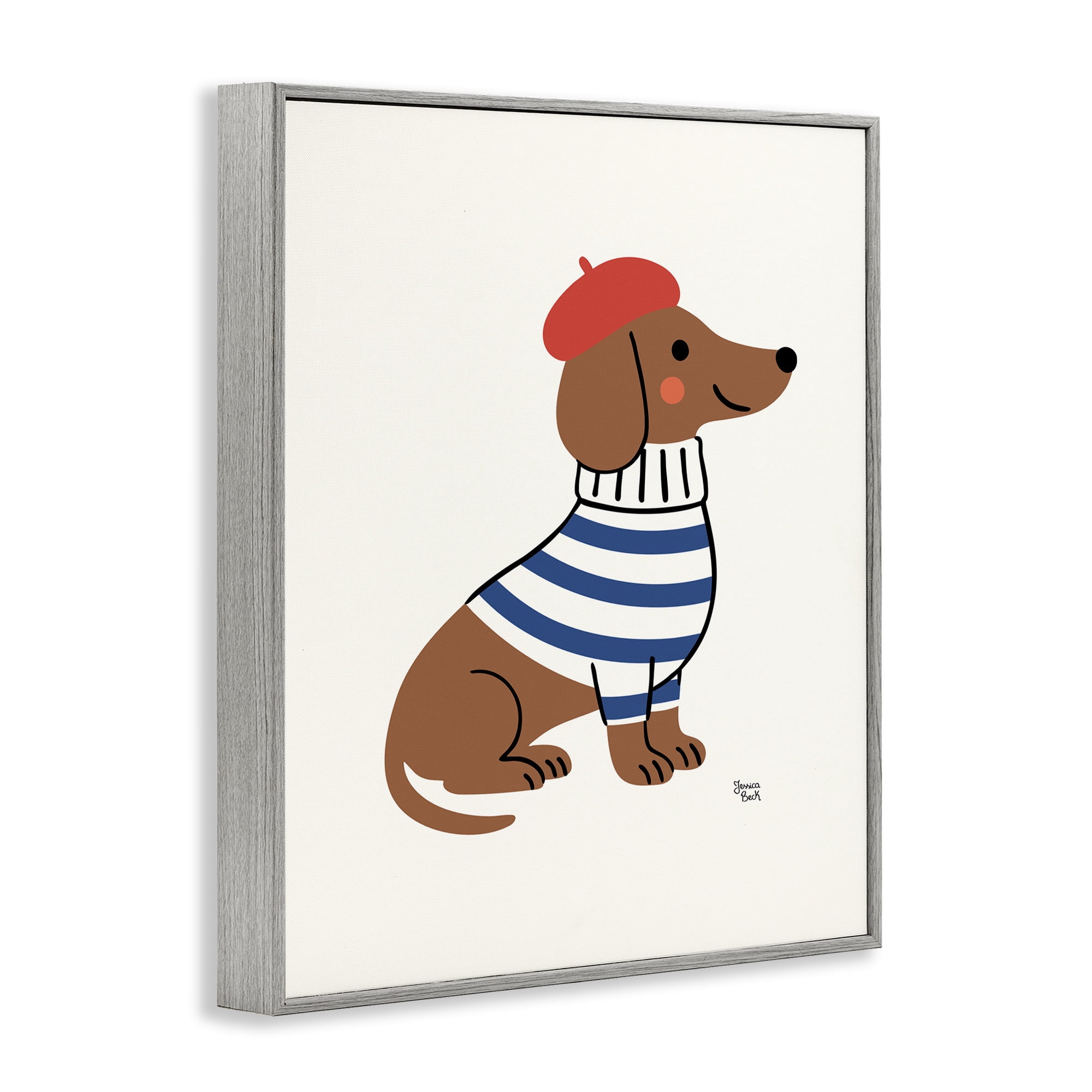 French Dachshund in Beret Gray Framed Giclee Art, design by Jessica Beck