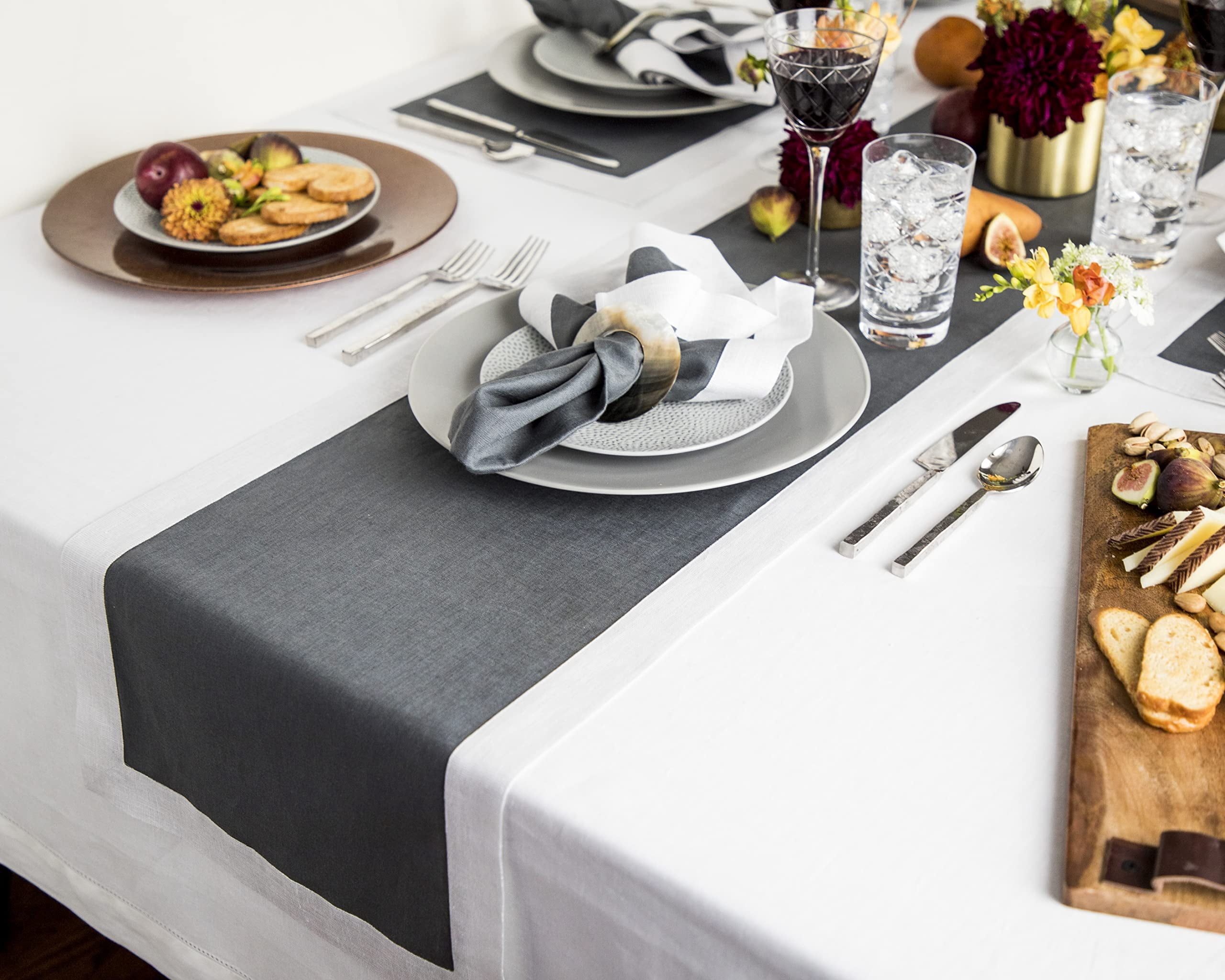 Linen Table Runner 72 Inches Long - Lava Smoke/Silver Shimmer Border Decorative Table Runner 14 x 72 Inch - Festive Edge, Handcrafted and Machine Washable