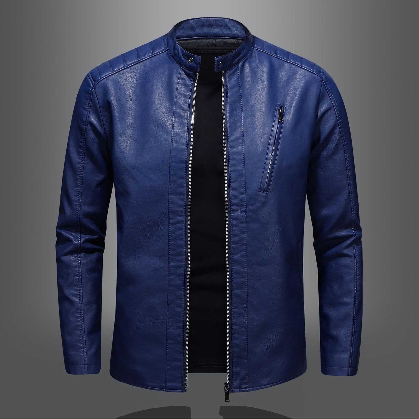 Dpytoraw Men Large Size Standing Collar Leather Jacket Trend Slim Casual Motorcycle Jacket