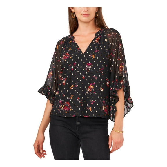 VINCE CAMUTO Womens Black Sheer Lined Floral Bell Sleeve V Neck Top M