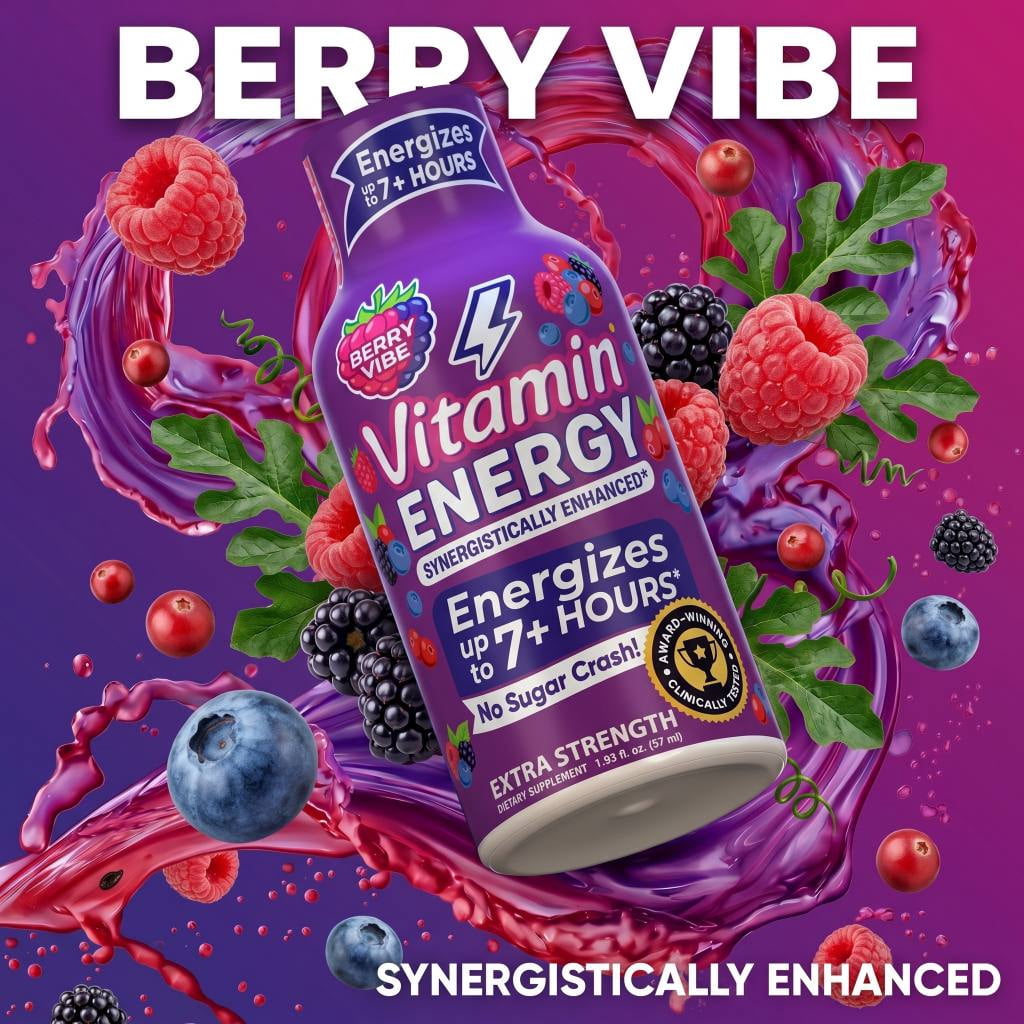 Vitamin Energy B12 Extra Strength Shot, Pink Berry, 12 Pack – 260mg Natural Caffeine, 11,000% DV B12 & B6, Zero Sugar, 1.93 fl oz