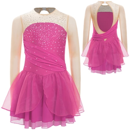 iixpin Kids Girls Shiny Rhinestone Figure Ice Skating Dance Dress Lyrical Ballet Leotard Dress Dancewear Hot Pink 16