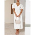 thumbnail image 4 of Faithtur Robe Longue Décontractée d'Été pour Femmes Couleur Unie Froncée Col en V Manches Courtes Mode Plage Vacances, 4 of 7