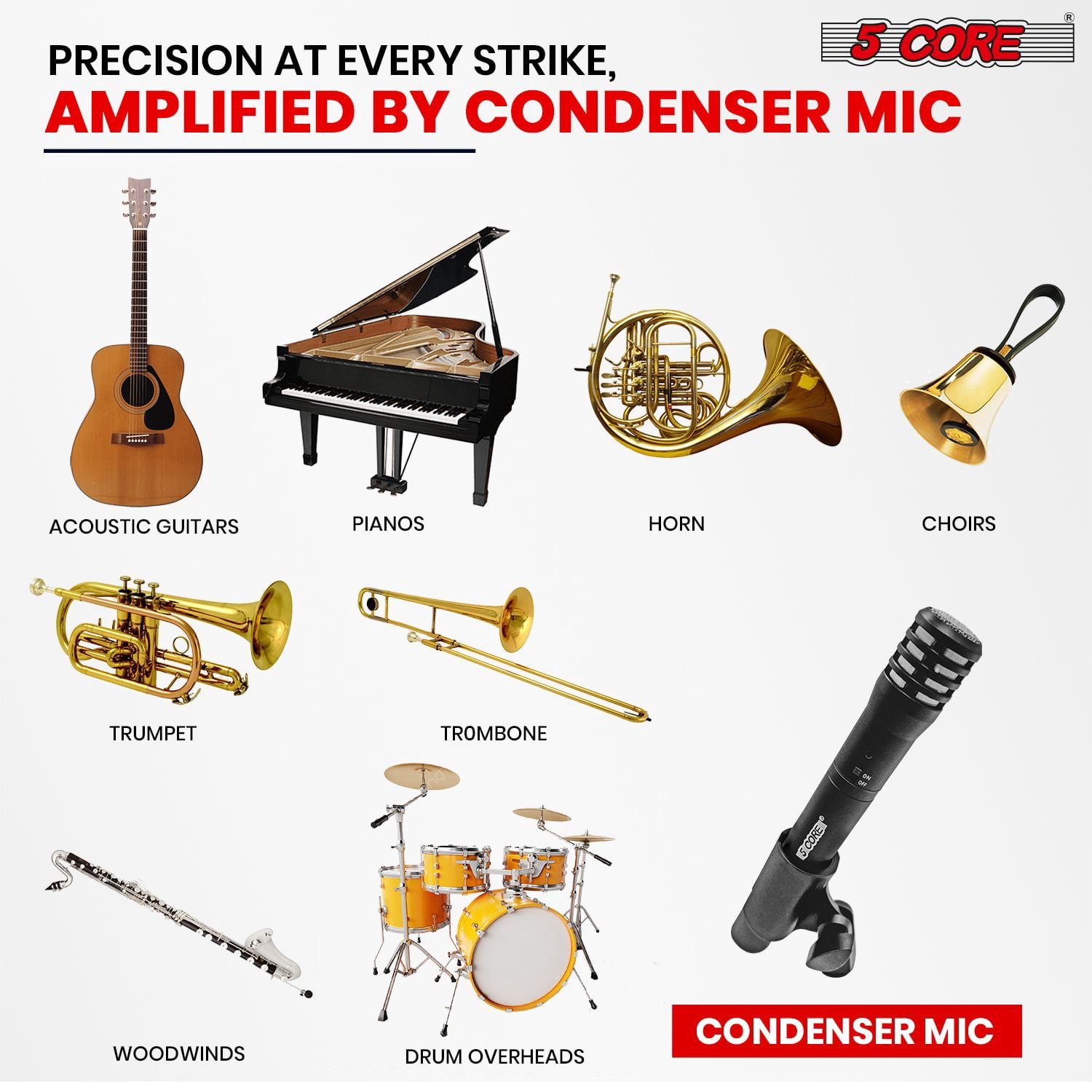 Professional Instrument Microphone Pencil Mic Condenser Cardioid Unidirectional Stick Microfono with Windscreen Mic Clip & Case -Black