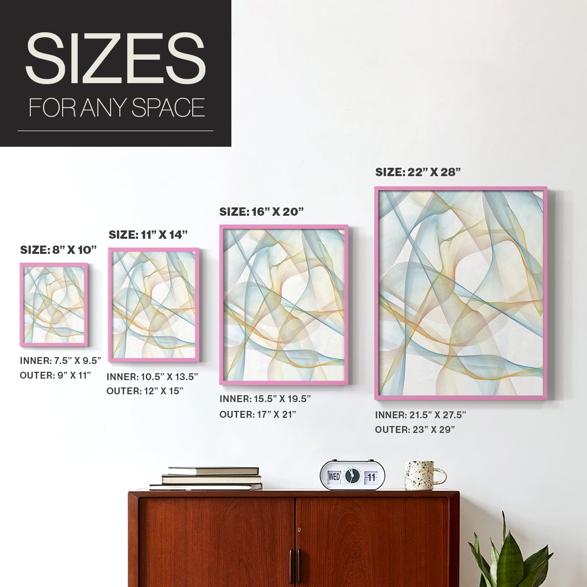 Curves and Waves III Framed Print in Pink Solid Wood Framed Print No Nail Hanging