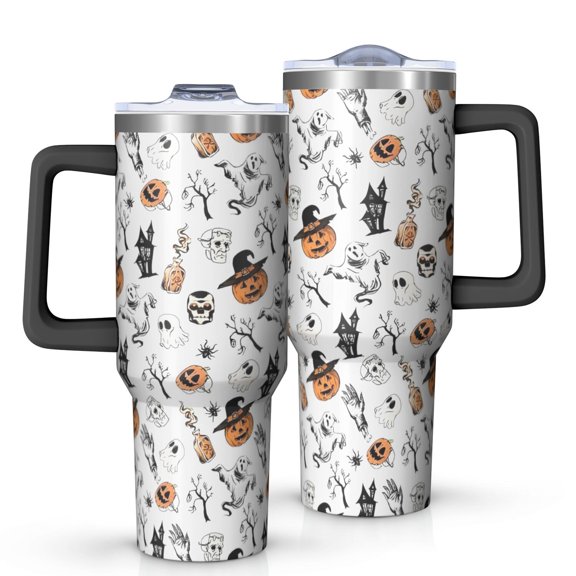 Halloween Spooky Icons Pattern Tumbler with Handle and Lid,40oz Double Wall Vacuum Insulated Tumbler,Cups Gift for Women and Men