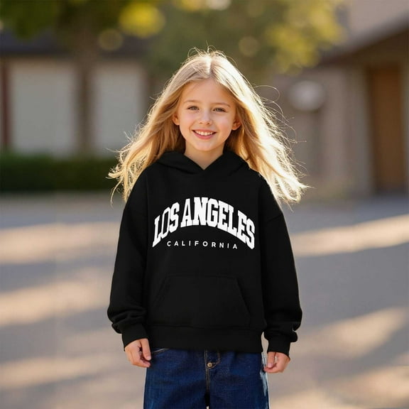 Hoodie City Name Letter Print Black Hoodie Casual Long Sleeve Hoodies Fall Winter Clothes Girls Size 5-6 Years Clothes