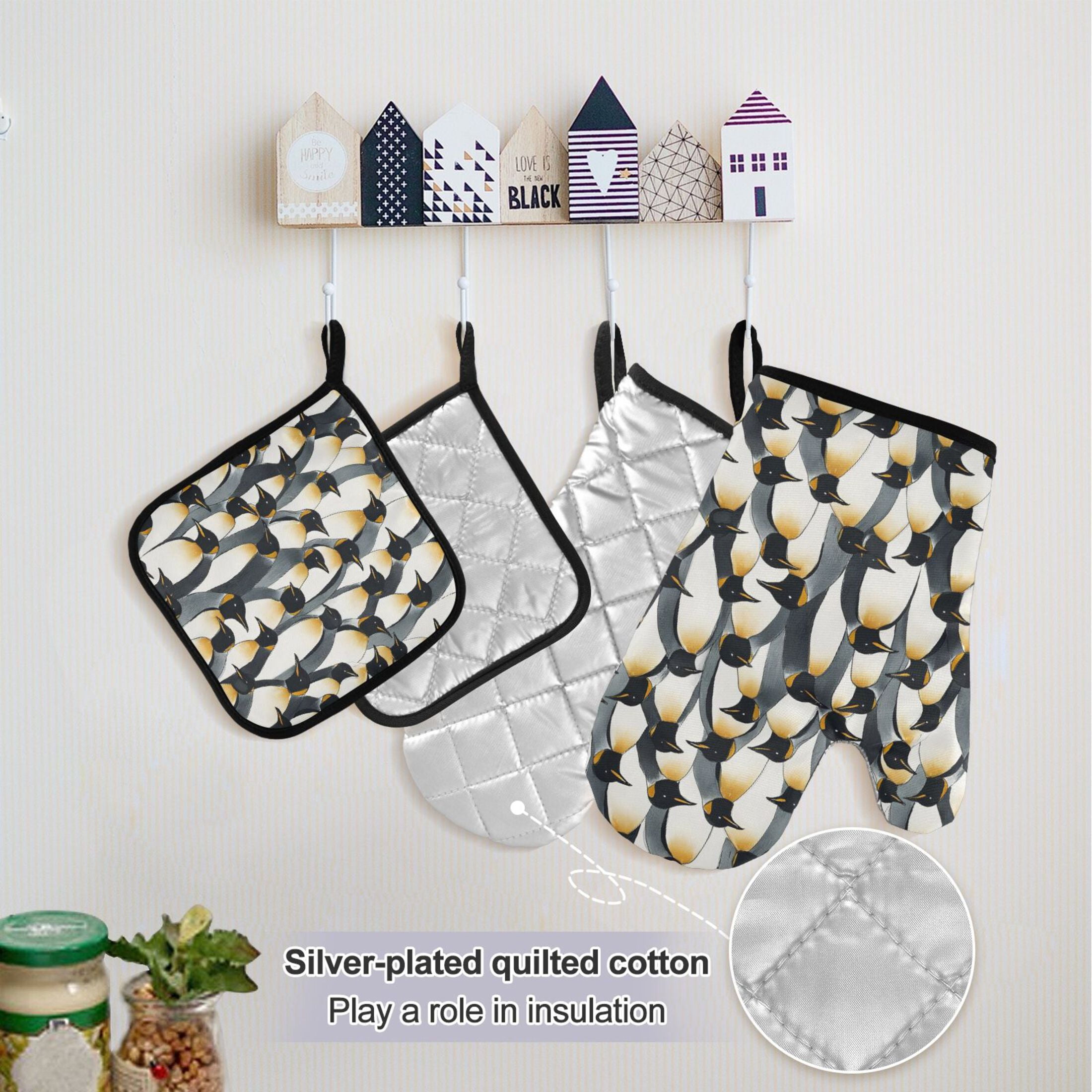 Ryvnso Penguins Pattern Kitchen Apron Oven Mitts Set Pot Holders