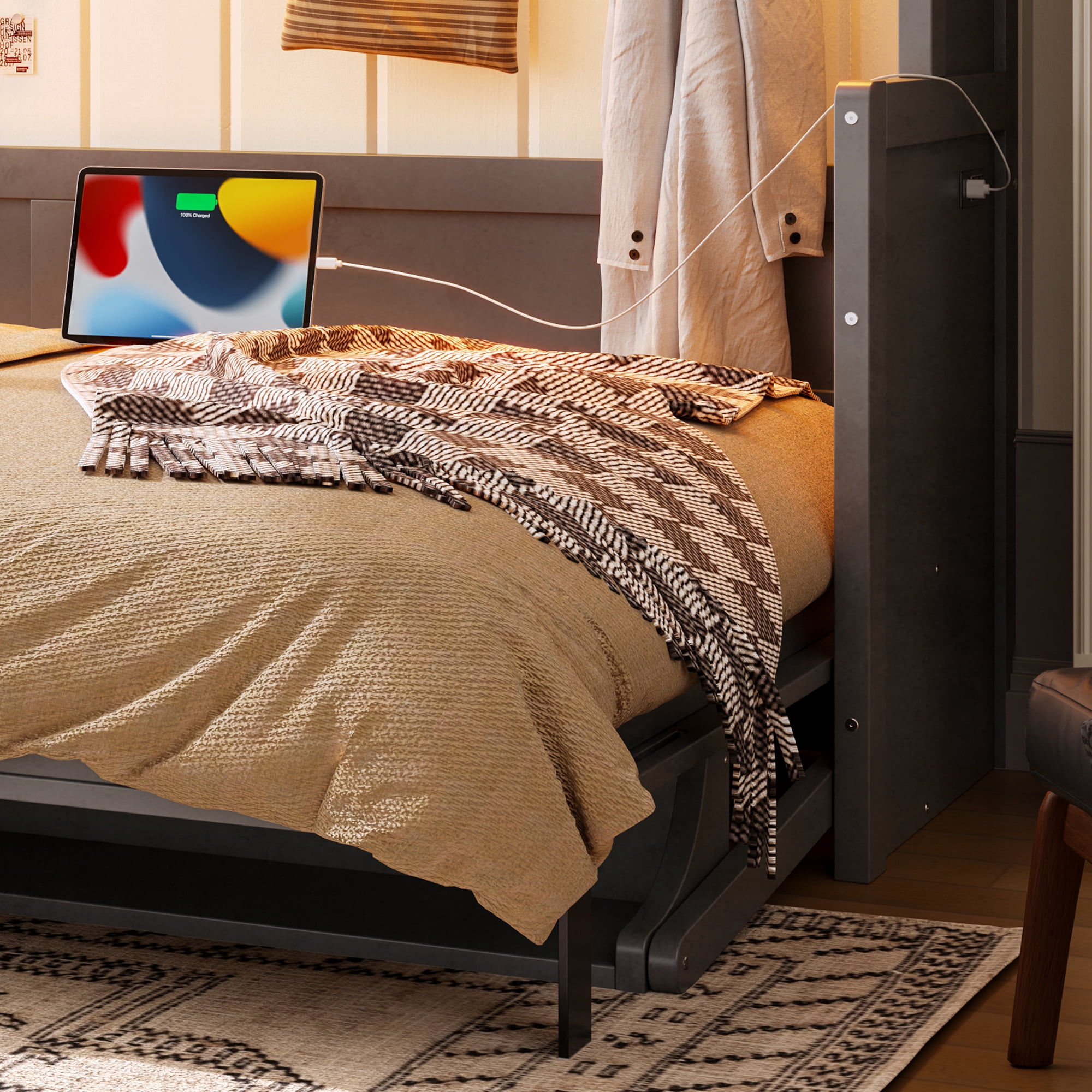 Mintazer Full Murphy Bed with Desk & Pegboard Storage, Farmhouse Foldable Bed with Charging Station & LED Lighting for Bedroom Guest Room, Dark Gray