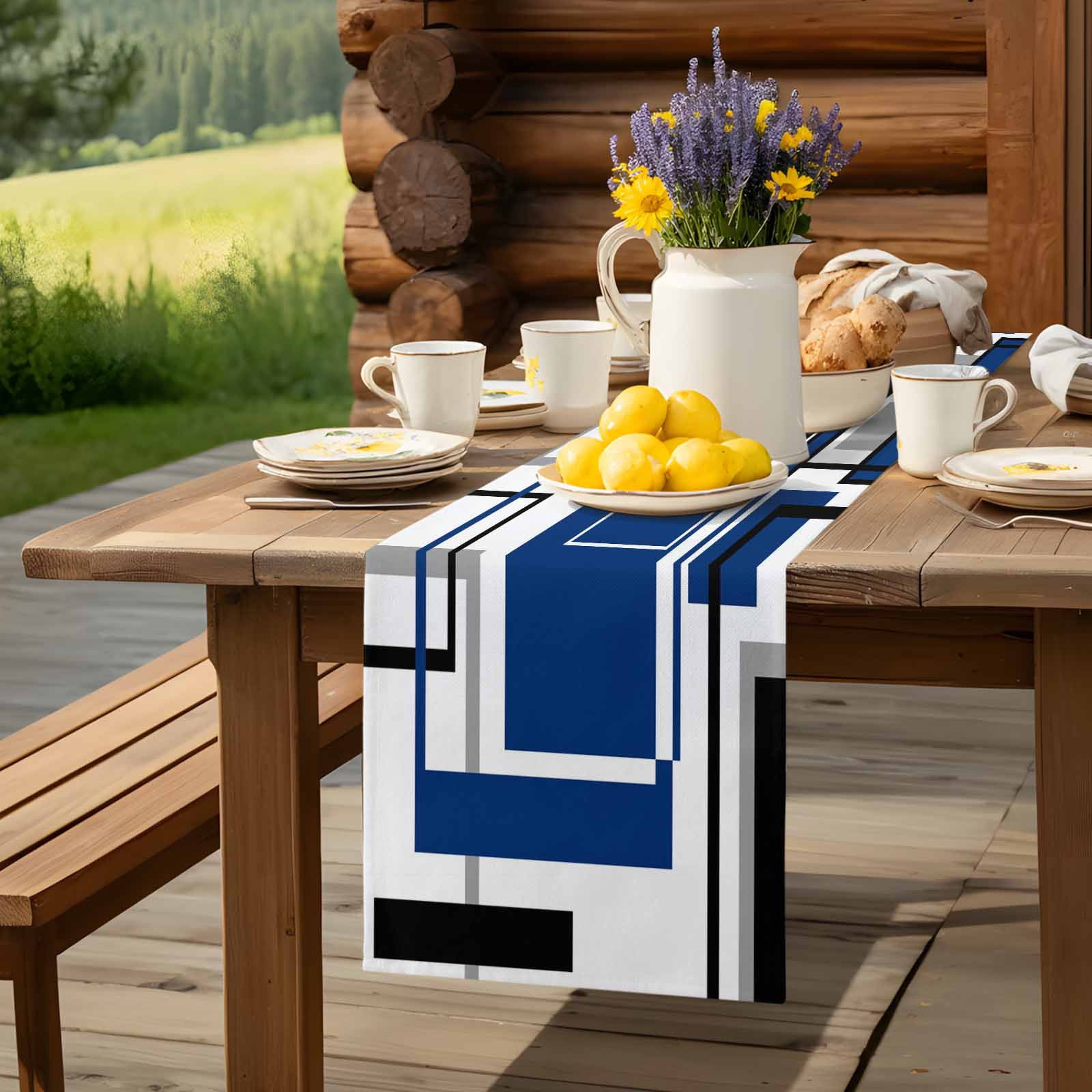 Abstract Geometric Navy Blue Color Block Table Runner 90 Inches Long, Gray Stripe Modern Art Table Runners Tabletop Scarf Kitchen Dining Tables Decoration for Home Party Indoor Outdoor