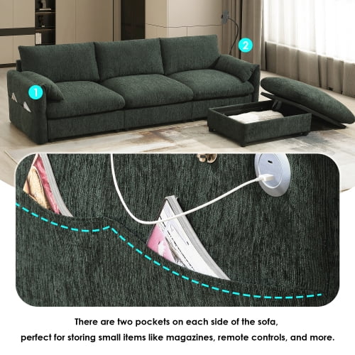 EPOWP 96.5'' Modular Sectional Sofa Set with Storage Ottoman, Chenille L-Shaped Cloud Sectional Couches with Adjustable Phone Holder & USB Charger for Living Room, Apartment, Office