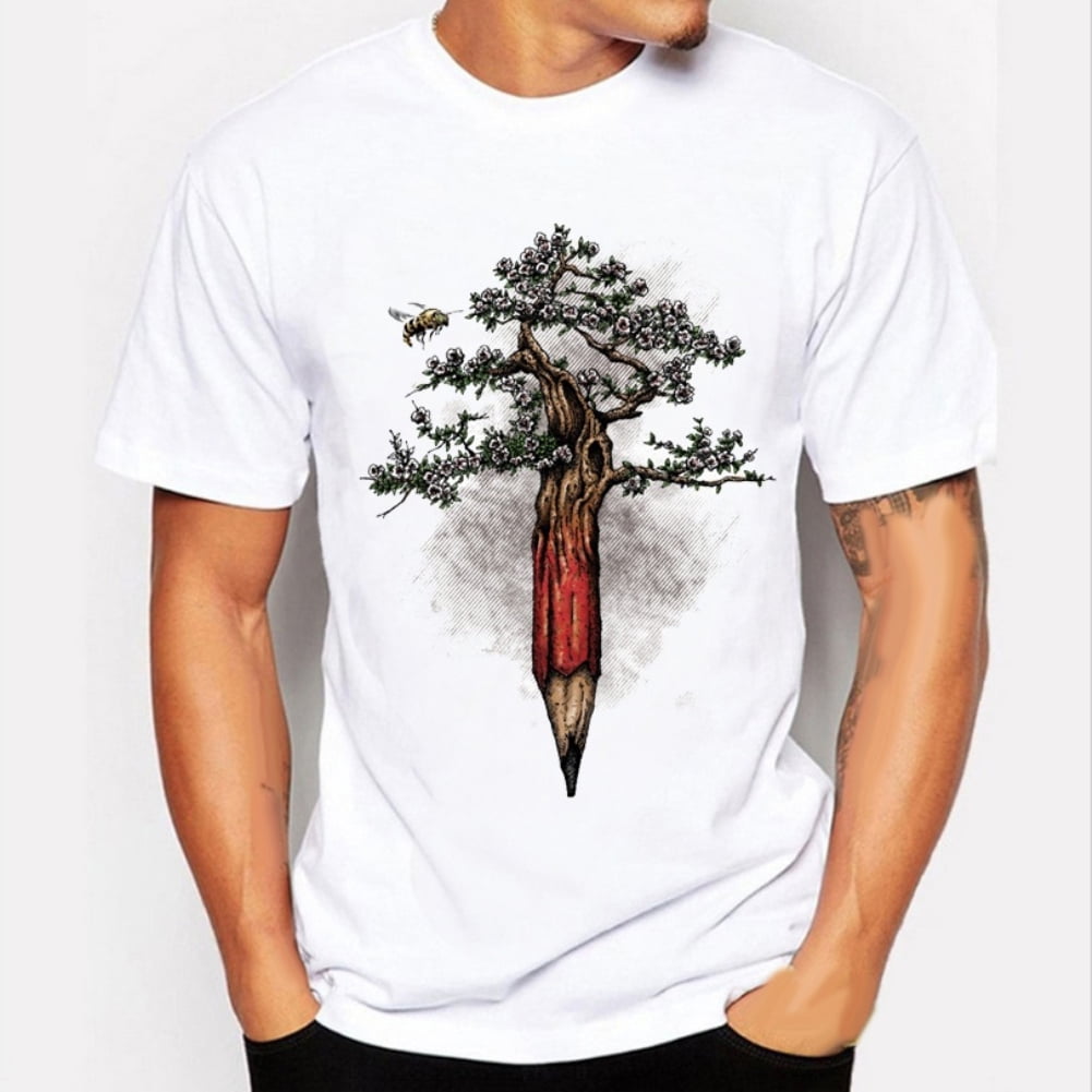 BU_ Pencil Tree 3D Print Summer Plus Size Men T-Shirt Short Sleeve Round Neck To 
