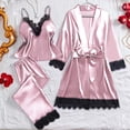 thumbnail image 2 of Rotm 3PC Long Sleeve Pajama Set for Women Satin Pajamas Set Women's Tops Sleepwear Soft Silk Button Down Loungewear Comfy Pjs Shorts Set Homewear Pink,S, 2 of 5