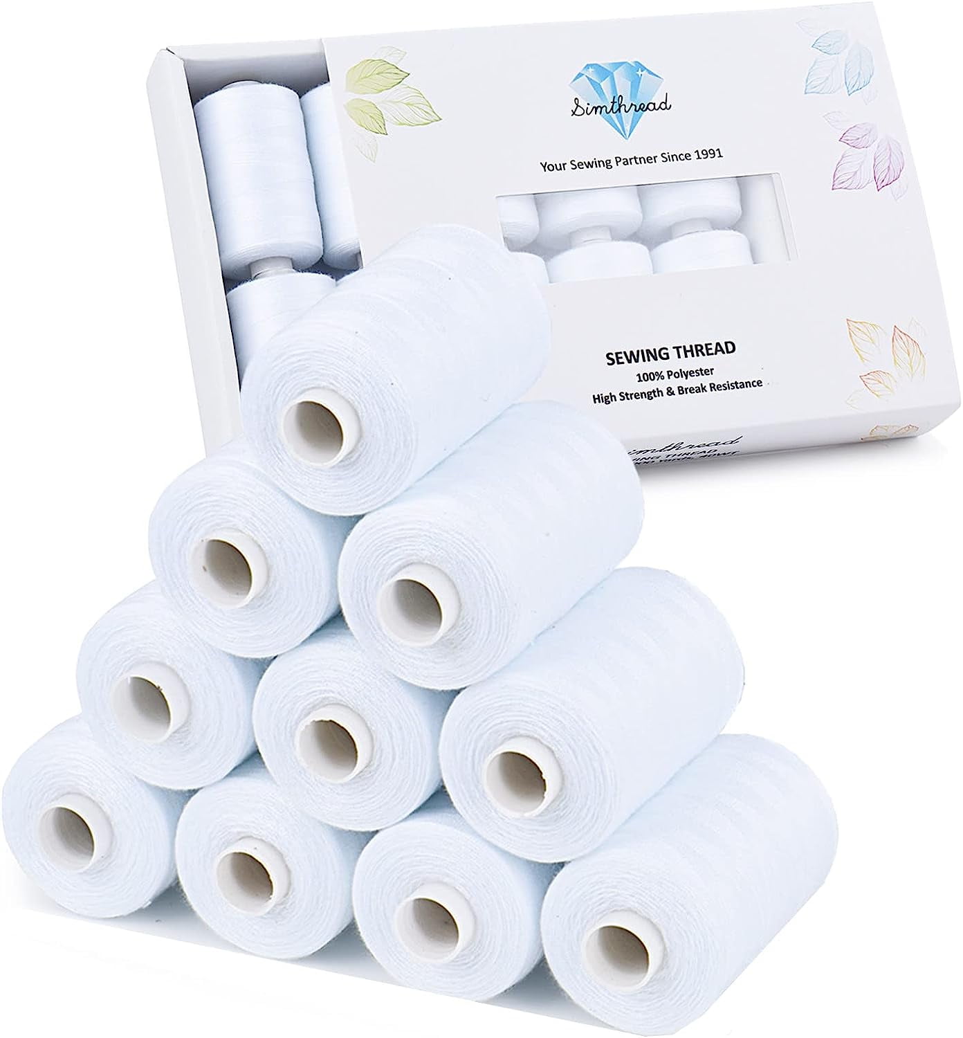 Simthread All Purposes Sewing Thread, 10 Spool 1000 Yards Polyester Thread for Sewing, Handy Polyester Sewing Threads for Sewing Machine - (White Series)