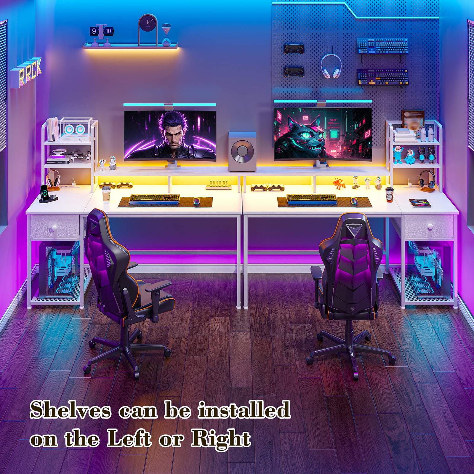 Romorgniz 44"W Computer Desk with Hutch, Gaming Desk with LED Lights & Power Outlets, Small Desk with Drawer and Monitor Stand, Studying Desk for Home Office, White