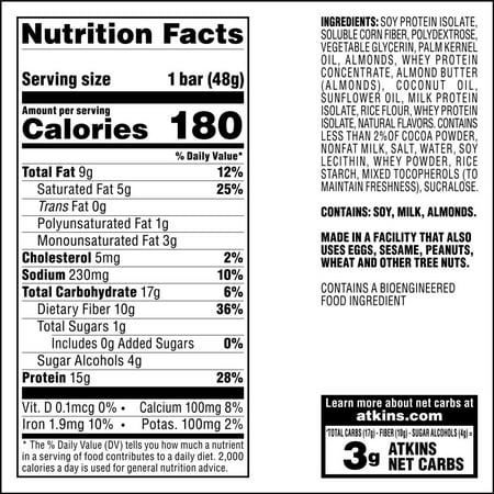 Atkins Protein Meal Bar, Chocolate Almond Caramel, Keto Friendly, 5 Count