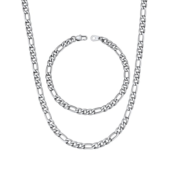 U7 Figaro Necklace for Men Silver Chain Bracelet Stainless Steel Jewelry Gift Set 2-Piece in 5MM Width 18 Inch for Christmas Stuffers