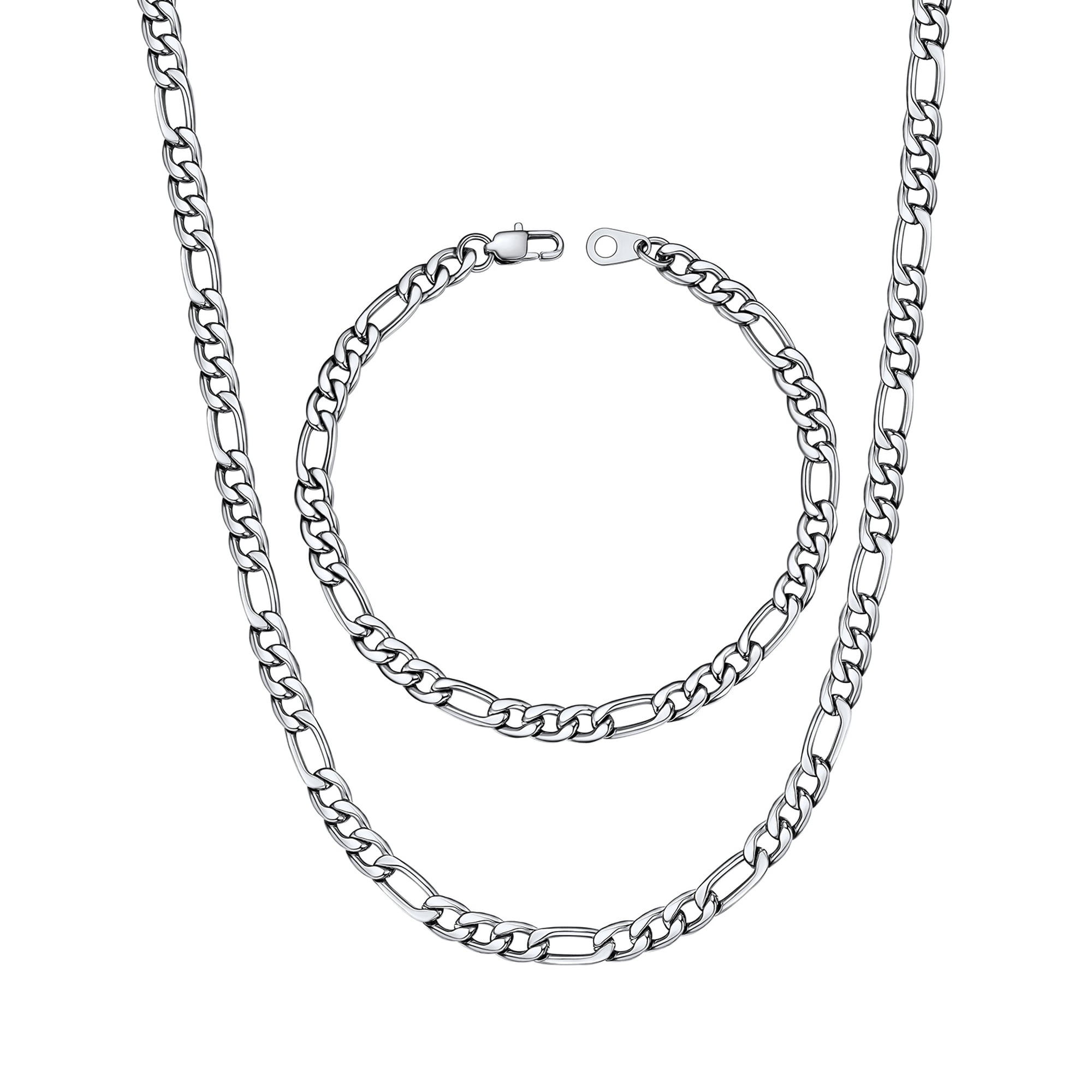 U7 Figaro Necklace for Men Silver Chain Bracelet Stainless Steel Jewelry Gift Set 2-Piece in 5MM Width 18 Inch for Christmas Stuffers