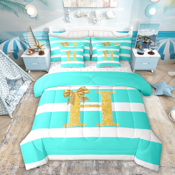 Erosebridal Bowknot Initial H Twin Bedding Sets 7-Piece for Girls, Abstract Ombre Bedding Comforter Set