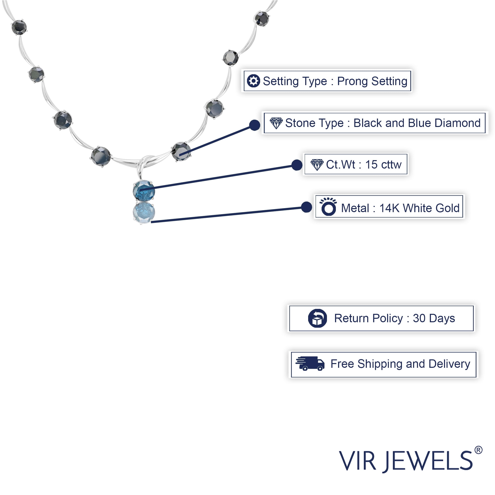 Vir Jewels 15 CTTW Blue and Black Diamond Riviera Necklace for Women 14K White Gold Station