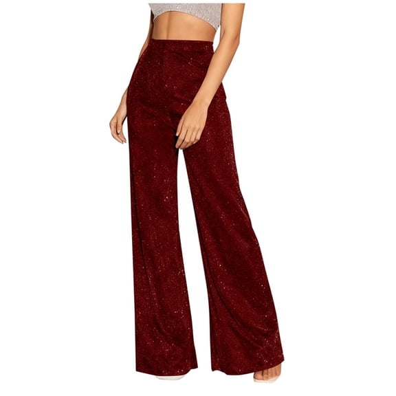 Lenpel Women's Glitter Wide Leg Pants High Waisted Sparkly Shiny Palazzo Pants Baggy Party Clubwear Trousers(Wine,X-Large)