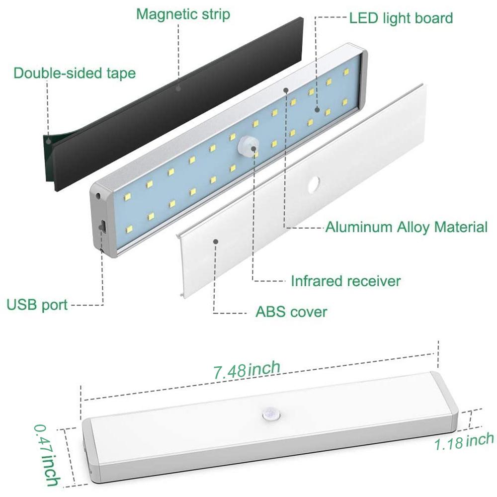 3-Pack Wireless LED Closet Light, Rechargeable Motion Sensor Version with Dimmer, 24 LED Night Light Bar, You Can Stick It Anywhere, Under Cabinet, for Stairs, Closet, Kitchen