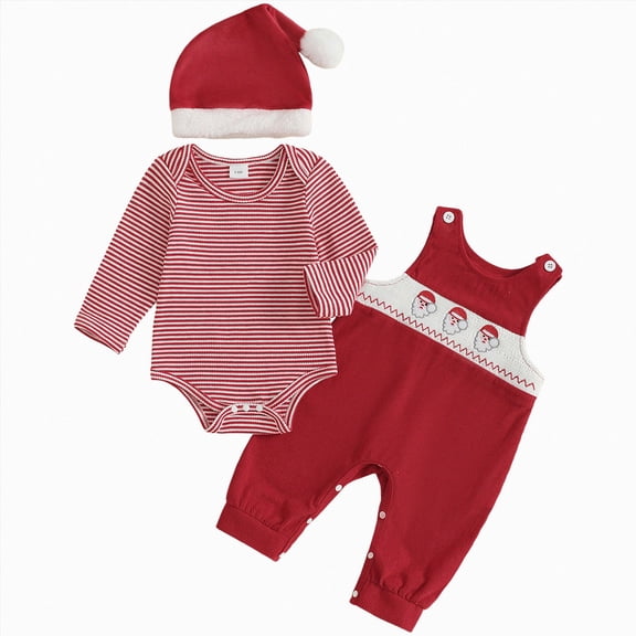 TOWED22 My First Christmas Baby Boy Outfit Stripe Long Sleeve Romper Long Pants with Hat 3Pcs Xmas Clothes Set,Red,9-12 M