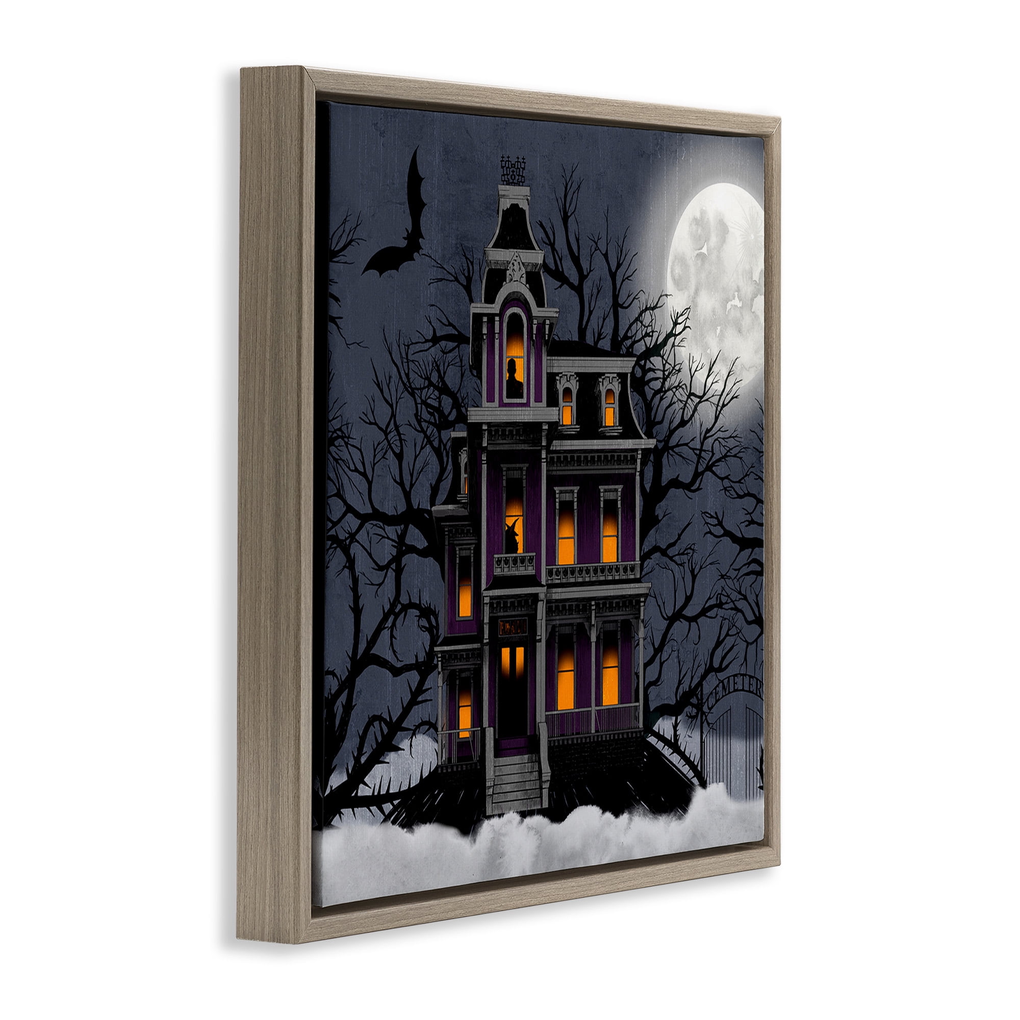 Stupell Industries Creepy Haunted Halloween House Holiday Painting Brown Floater Framed Canvas Art Print Wall Art, 25 x 25