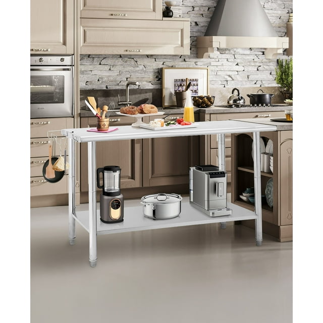 GloryStar Stainless Steel Prep & Work Table, Heavy Duty Commercial Utility Table with Adjustable Undershelf and Tool Hooks for Kitchen, Warehouse, Garage and Garden