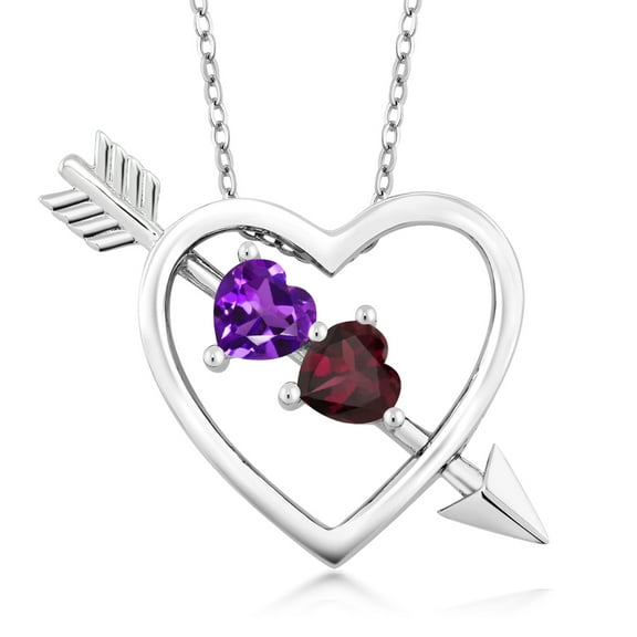 Gem Stone King 925 Sterling Silver Purple Amethyst and Red Rhodolite Garnet Heart and Arrow Pendant Necklace for Women (0.95 Cttw, with 18 inch Silver Chain)
