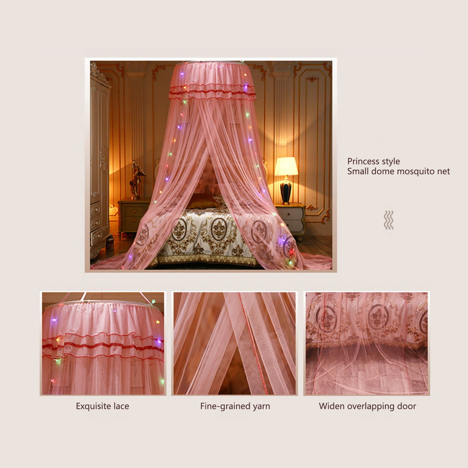 Mosquito Net Bed Canopy with Lights for Girls,Princess Canopy Bed Curtain Fine Sheer Mesh Dome Bed Canopies,Kids & Adults Lace Tent for Twin Full Queen King Bed Decor