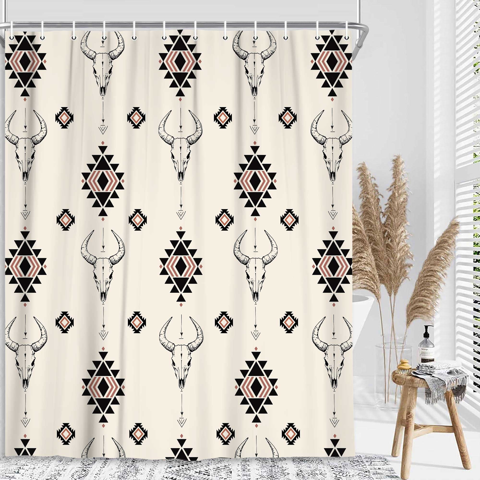 Southwest Bull Skull Cow Shower Curtain, Western Beige Bath Curtain, Boho Farmhouse Bathroom Accessories Aztec Geometric for Bathroom Bath Curtain Set with Hooks, 72X72in
