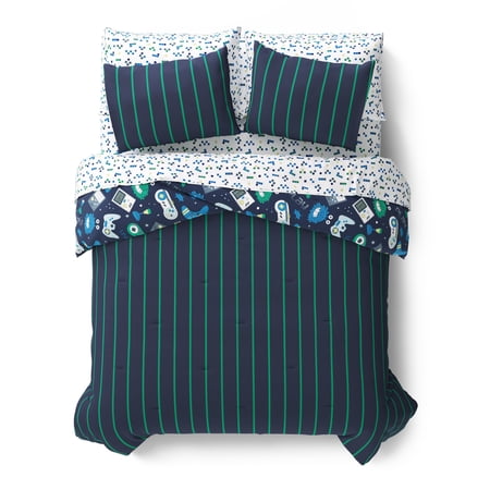 MAINSTAYS KIDS GLOW IN THE DARK GAMER REVERSIBLE COMFORTER SET WITH SHEETS, FULL, 7 PIECES