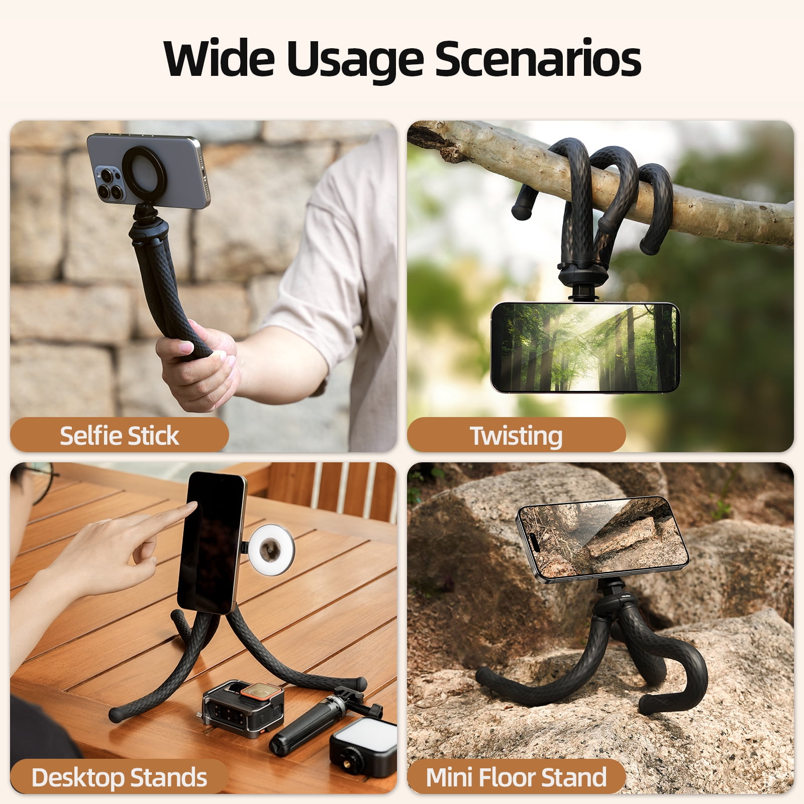 TELESIN Magnetic Flexible Tripod for Smartphone;Mini Bendable Tripod Phone Stand for 2kg Load Capacity Stroller Treadmill Tube Bike Motorcycle Arm Phone Holder Selfie Stick for Video Recording