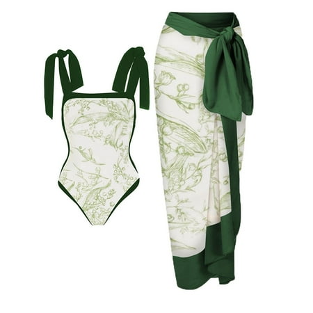 

VEKDONE Womens Conservative TankiniWomen One Piece Swimsuit with Wrap Skirts Floral Bathing Suit for Teens Girls Tummy Control Bustier Monokinis Sarong SkirtGreen M