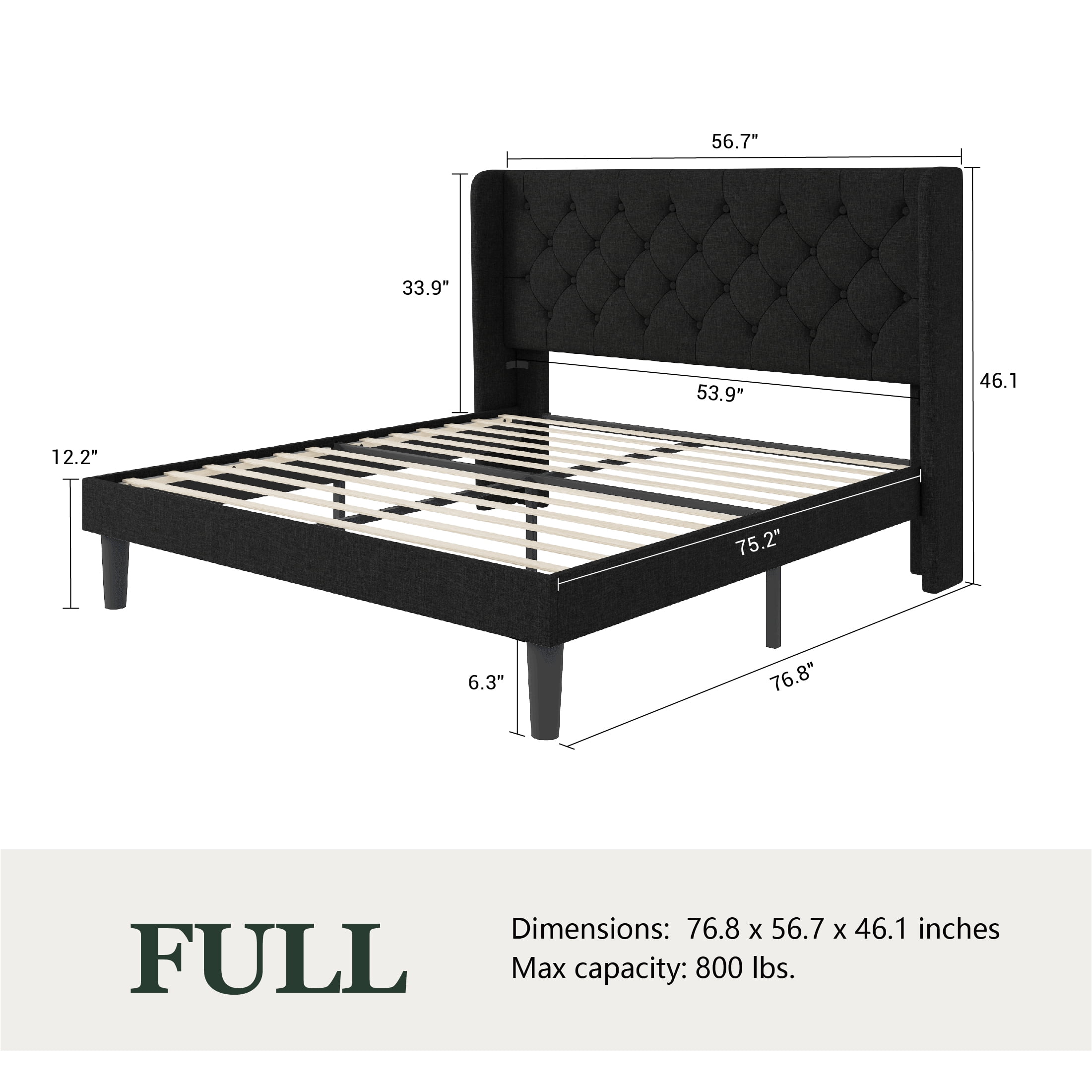 Amolife Full Size Upholstered Platform Bed Frame with Fabric Diamond Deluxe Wingback Headboard, Black