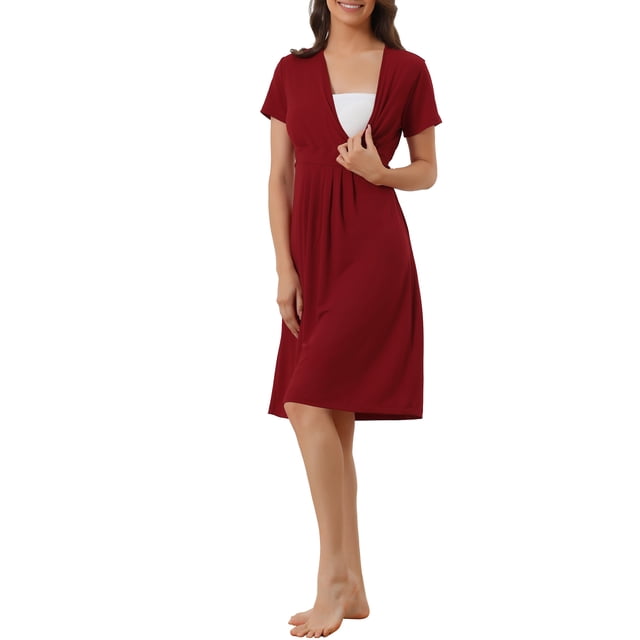 Unique Bargains Robe de Maternité Décontractée Col en V Manches Courtes Chemise de Nuit Vêtements de Détente Rouge m