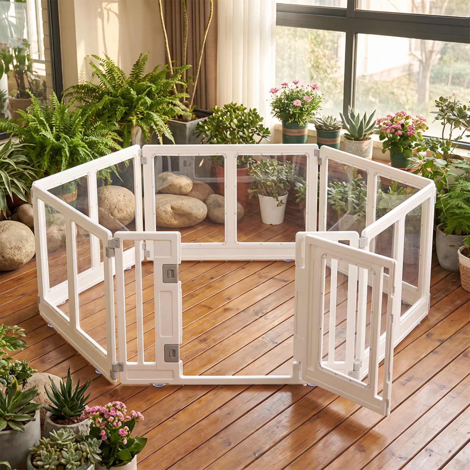 Vebreda 6-Panel Clear Plastic Dog Playpen with Secure Locking Door, See-Through Foldable Pet Pen for Puppies & Small Dogs, Indoor Portable Exercise Fence, Easy-Clean Tool-Free Setup