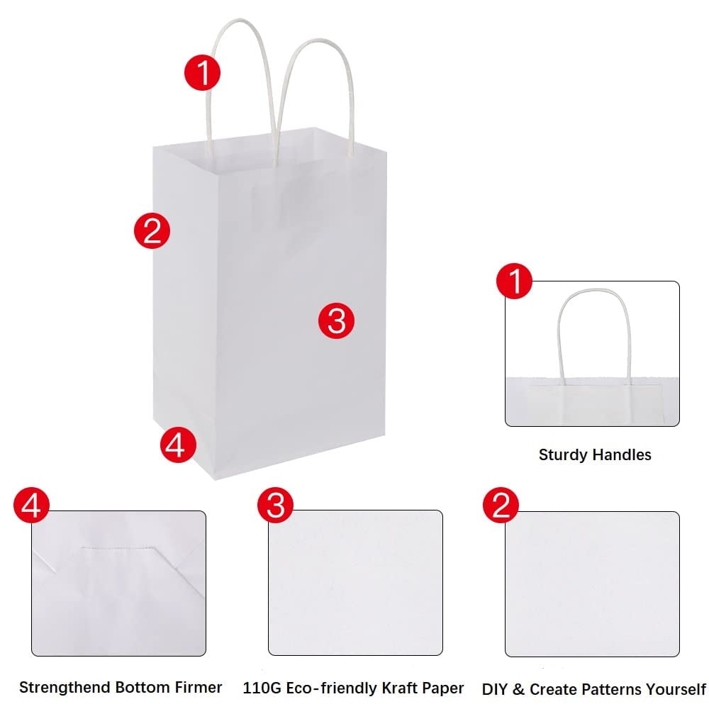 100pcs 5.25x3.25x8.25 Inch Small Plain Natural Paper Gift Bags with Handles Bulk, Kraft Bags for Birthday Party Favors Grocery Retail Shopping Business Goody Craft Bags Cub (White 100 Count)