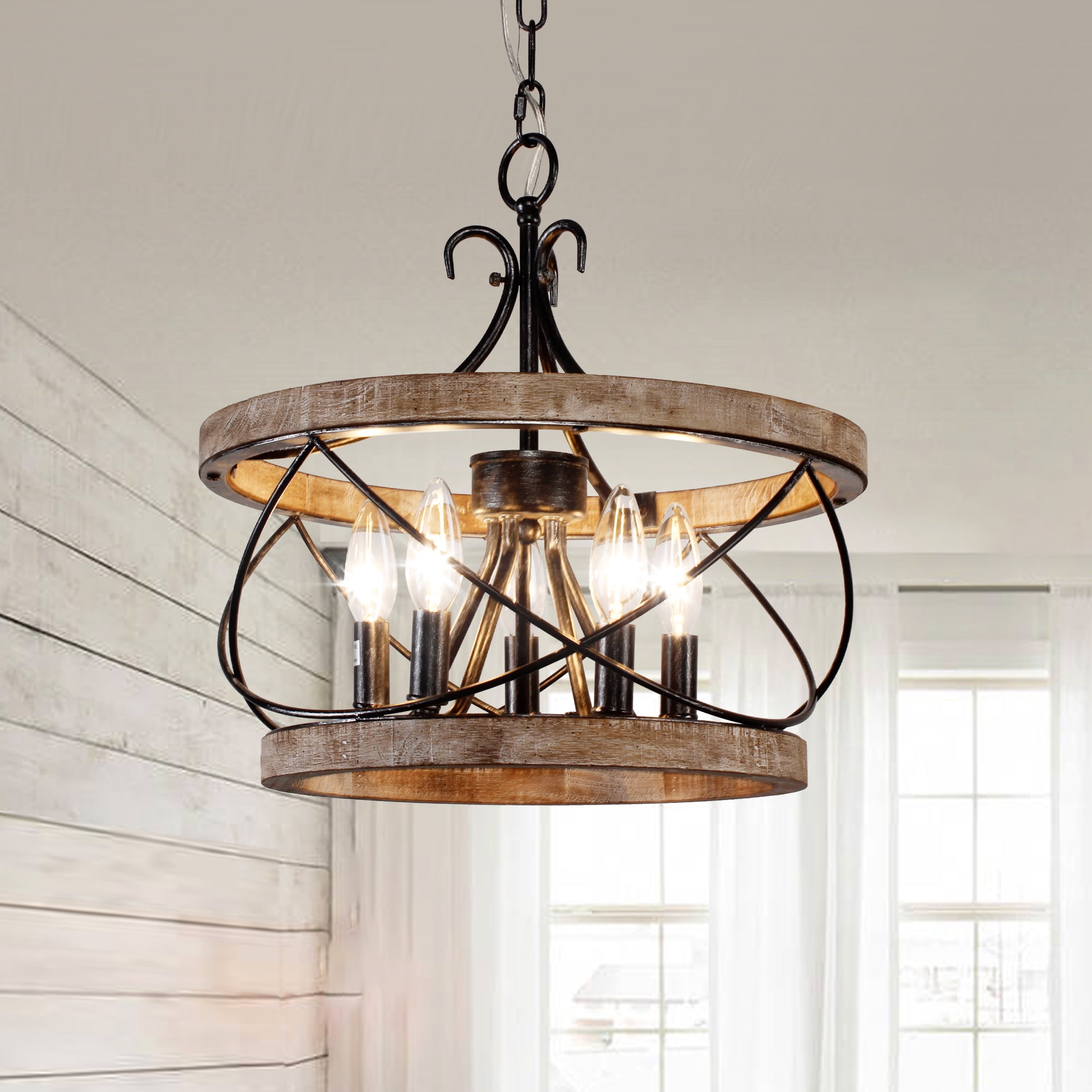 Oaks Aura 5-Light Wood Farmhouse Drum Chandelier Dining Room Adjustable Height Pendant Lighting