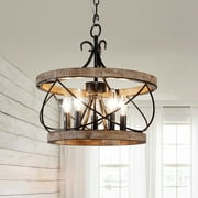 Oaks Aura 5-Light Wood Farmhouse Drum Chandelier Dining Room Adjustable Height Pendant Lighting