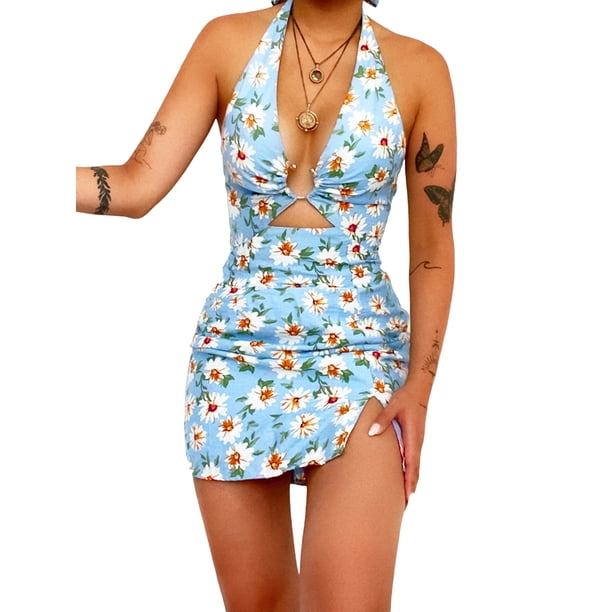 VISgogo Vestido envuelto para mujer, sin mangas, cuello en V, estampado floral, adelgazante, informal, para fiesta, sin espalda VISgogo moda